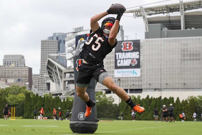 Jul 27, 2022; Cincinnati, OH, USA; Cincinnati Bengals linebacker Logan Wilson (55) runs a drill during training camp at Kettering Health Practice Fields. Mandatory Credit: Katie Stratman-USA TODAY Sports